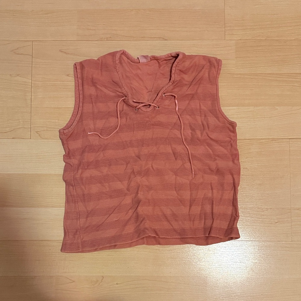 Vintage Sleeveless Lace-Up Tank Top - Rust Pink Stripes